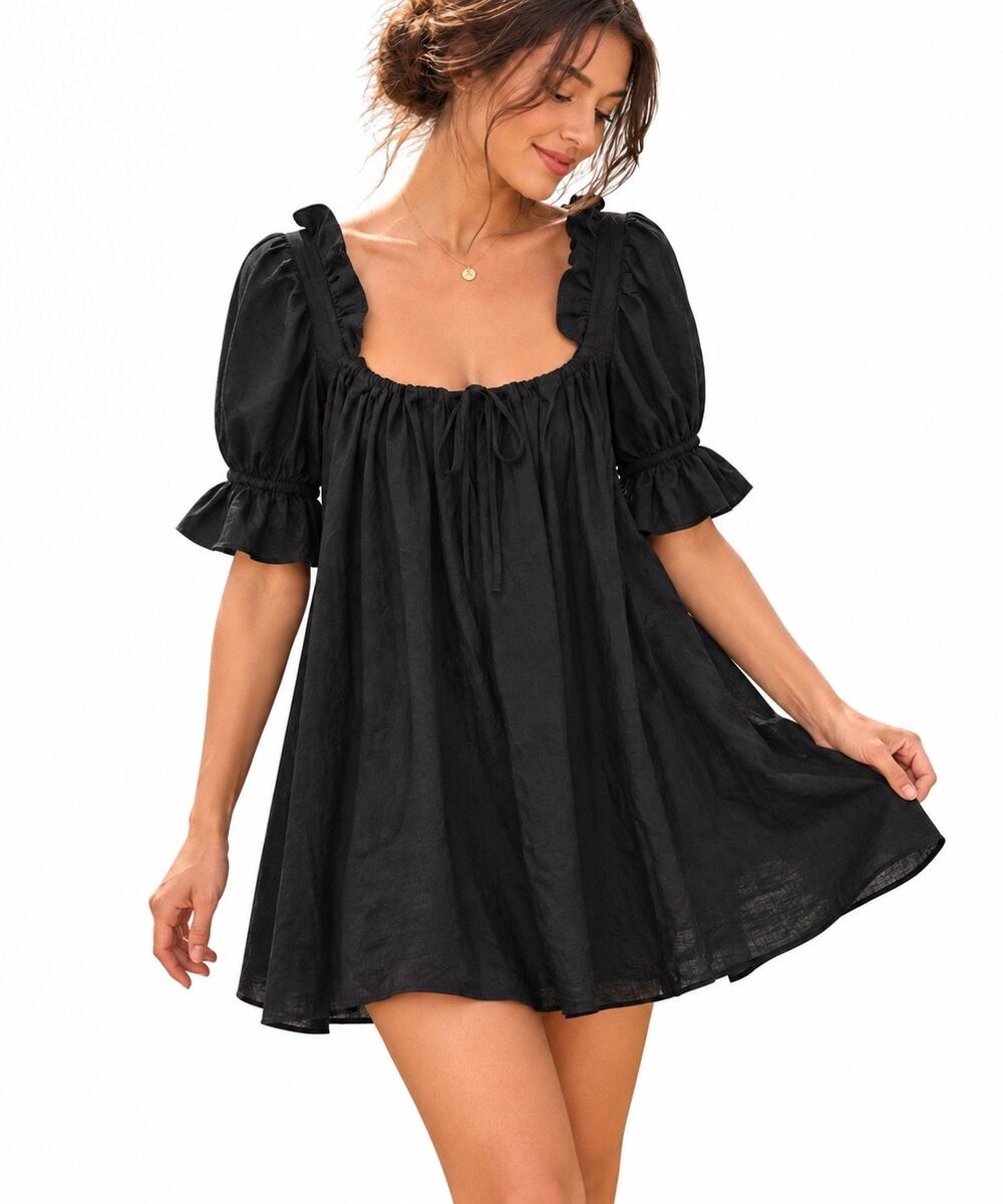 Stone Cold Fox Cotton Linen Black Babydoll Mini Dress Puff Sleeve Small Cottage